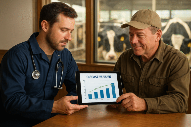 Veterinarian and dairy farmer collaborating during herd health consultation using disease burden data visualizations on tablet