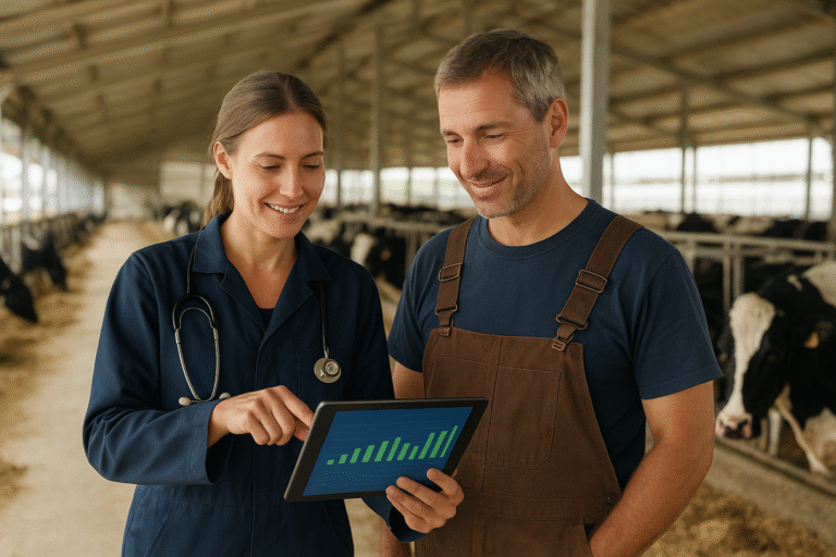 Veterinarian and dairy farmer collaborating on breeding decisions using cow performance ranking data in modern dairy facility