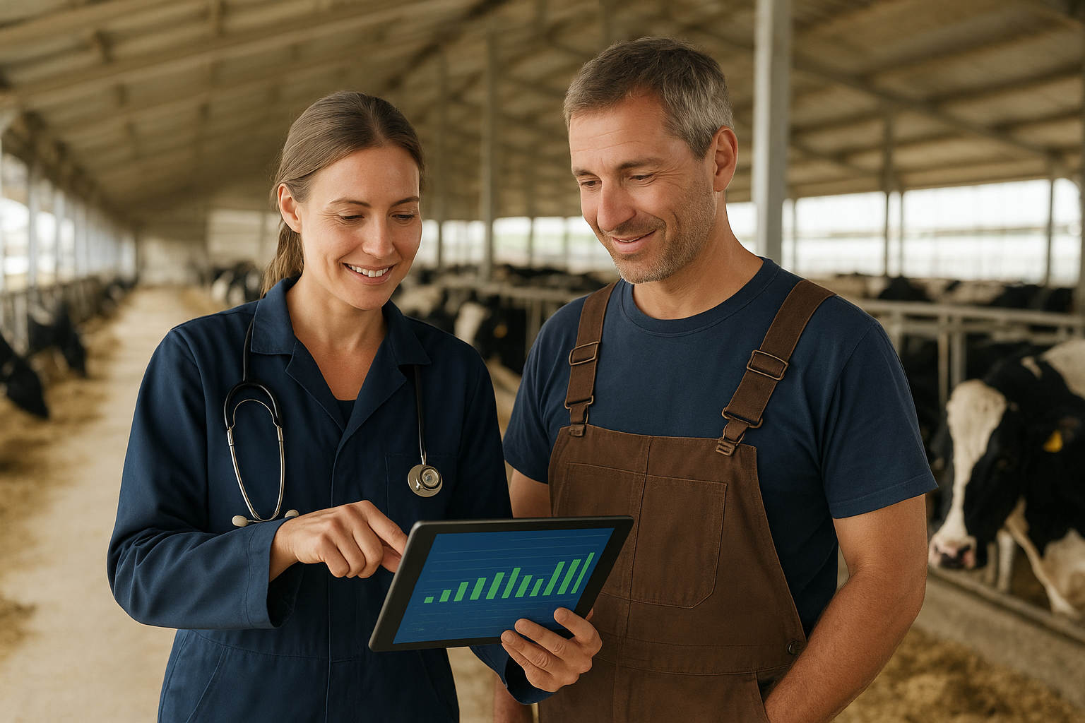 Veterinarian and dairy farmer collaborating on breeding decisions using cow performance ranking data in modern dairy facility