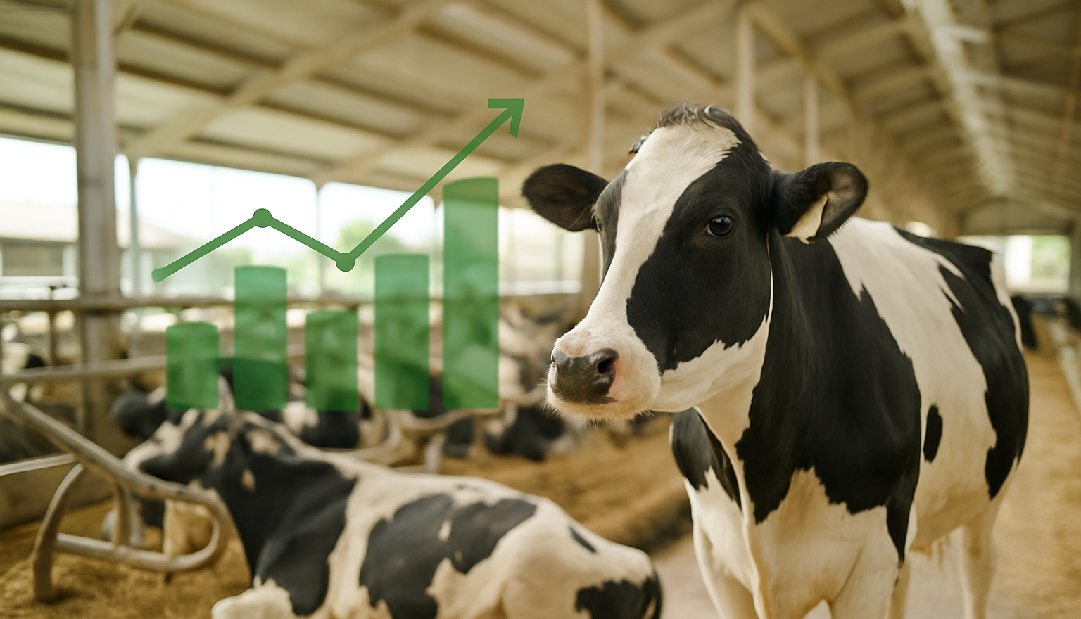 Modern dairy cow barn showing healthy Holstein cows with data visualization overlay representing disease-resilient herd management and lifetime performance tracking.