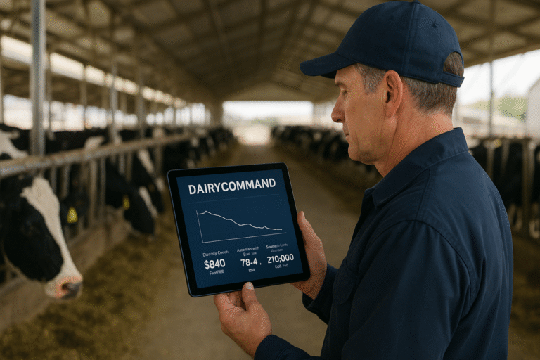 A dairy farmer holding a tablet with herd analytics displayed, standing in a barn with Holstein cows in the background, symbolizing data-driven dairy health management.