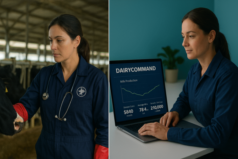 Veterinarian transitioning from clinical treatment to data-driven consulting with dairy farm management software.