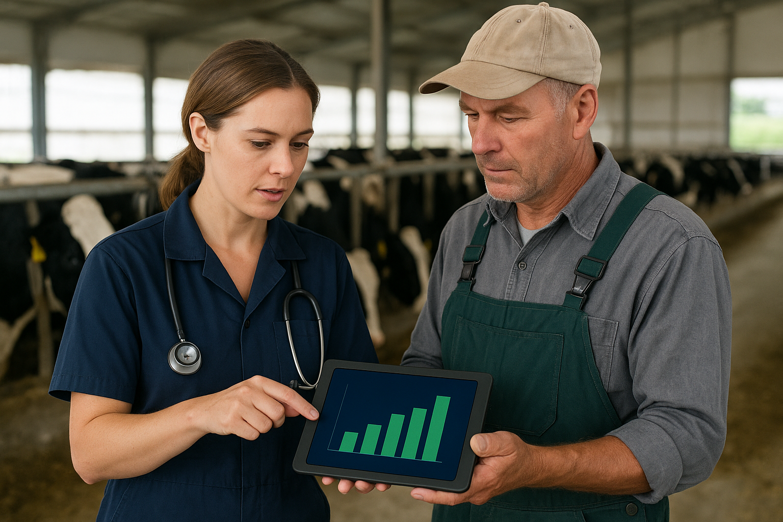 Veterinarian consulting with dairy farmer using disease burden analysis data to monitor mastitis protocol effectiveness.