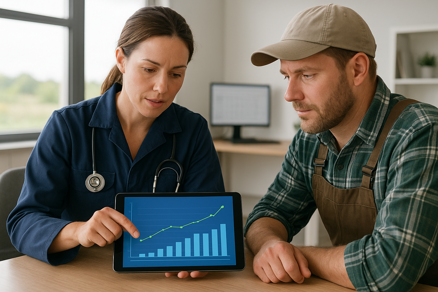 Veterinarian consulting with dairy farmer using disease burden analysis data on tablet to validate herd health intervention effectiveness