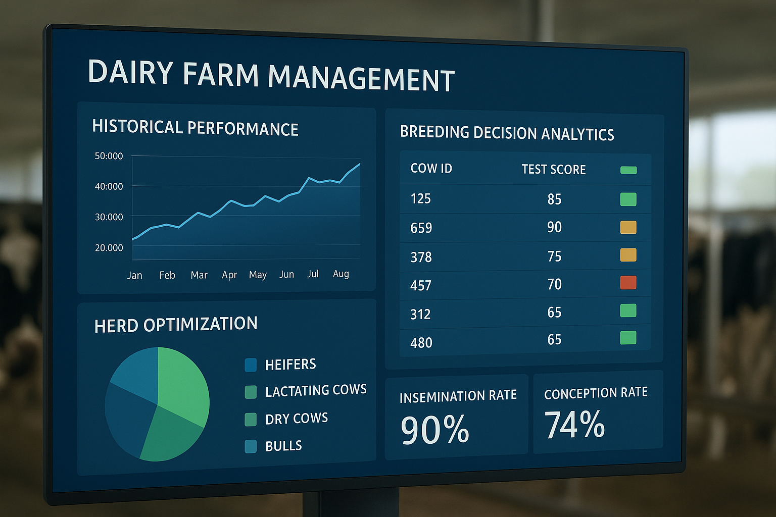 Dairy farm management dashboard displaying historical herd data analysis and optimization opportunities for breeding and culling decisions