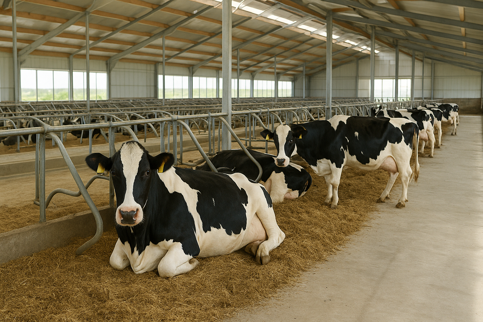 Modern dairy farm with optimized herd of high-producing Holstein cows in clean free-stall barn representing efficient milk production through strategic cow selection