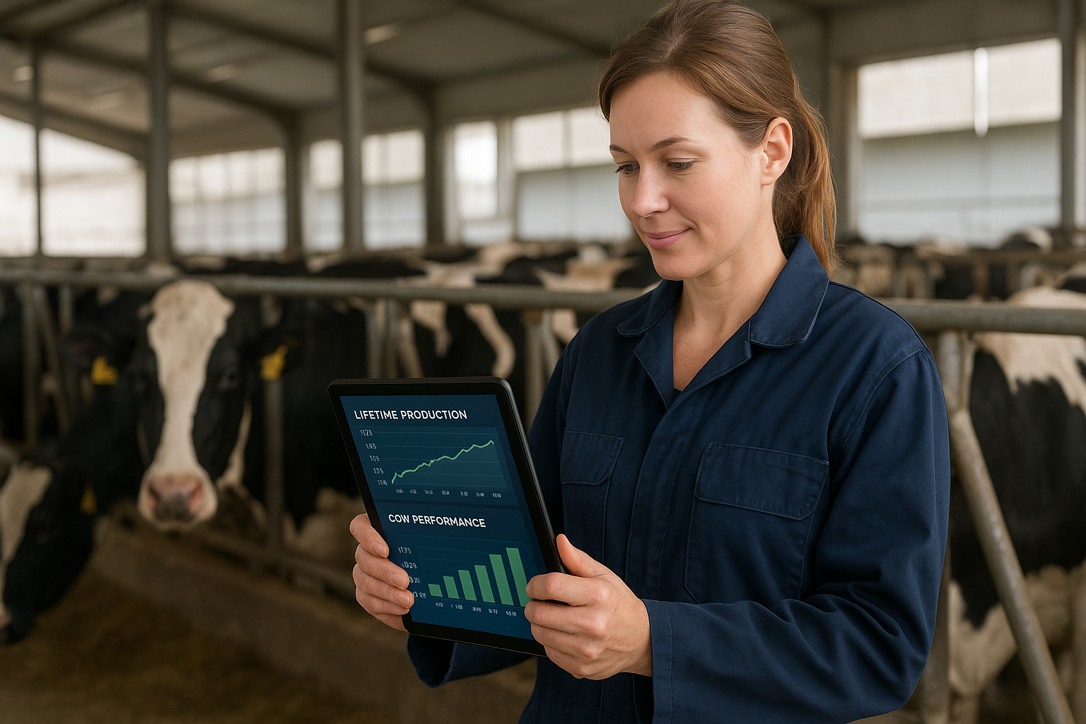 Dairy farmer analyzing lifetime cow performance data on tablet with Holstein cows in background representing data-driven culling decisions