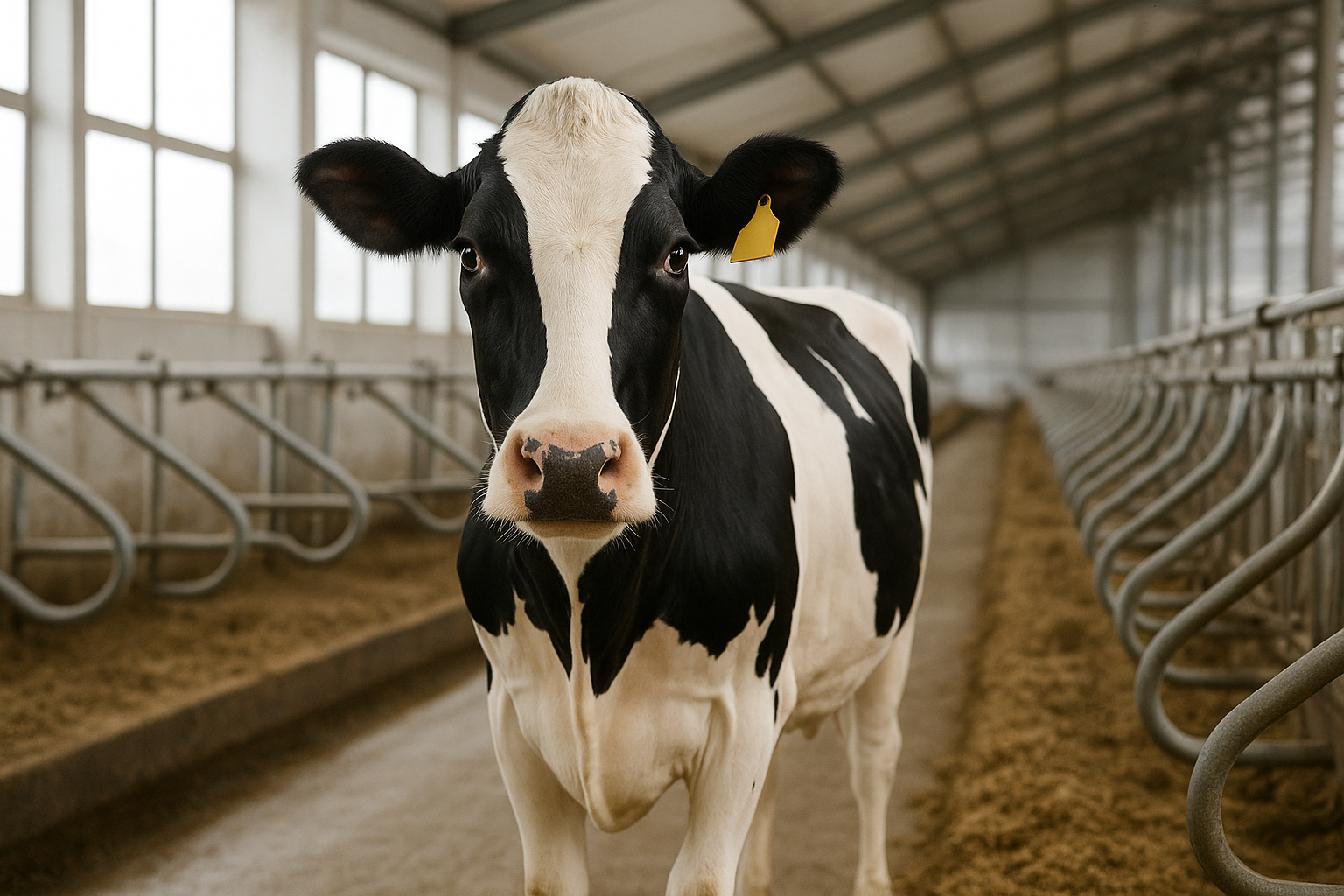 Healthy Holstein dairy cow in modern barn representing holistic herd health management and comprehensive performance evaluation
